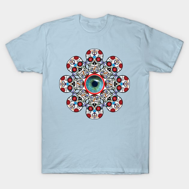 Skull and eye flower. A beautiful design made of skulls and a blue eye. T-Shirt by Blue Heart Design